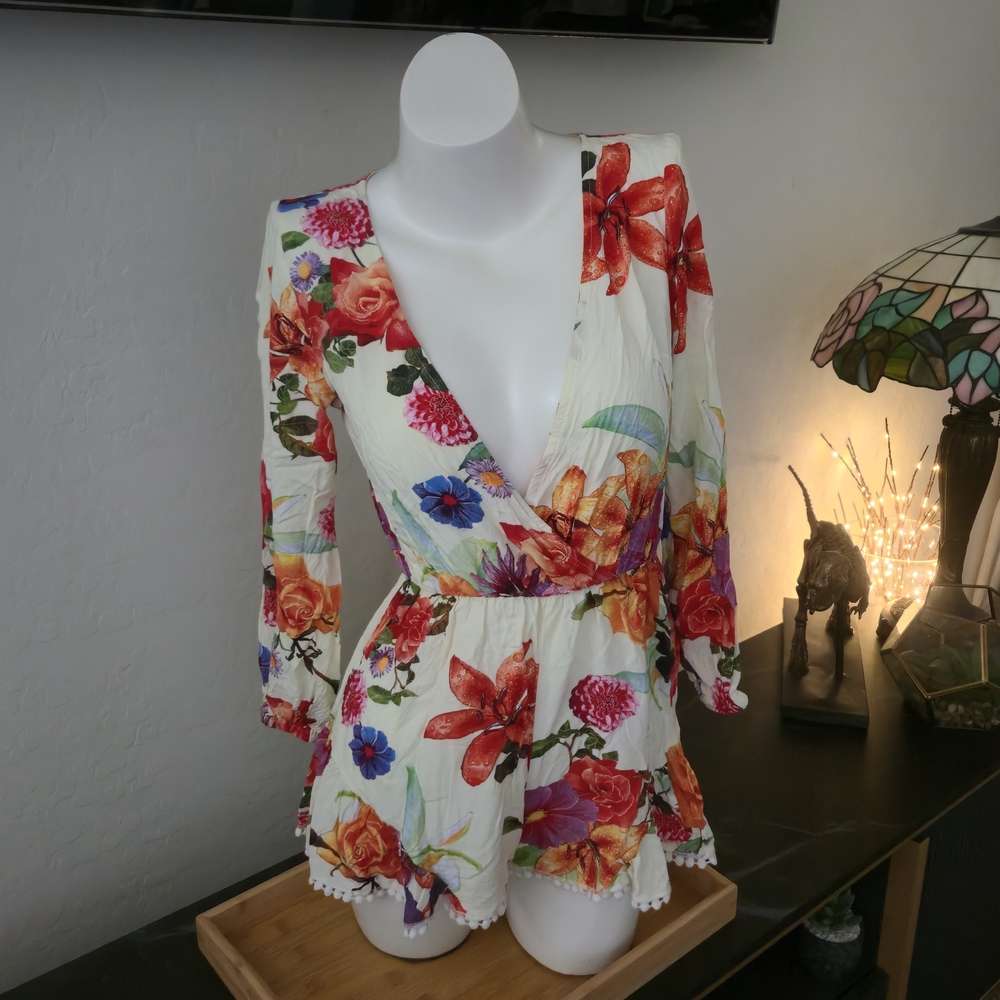 Choies Floral Romper S | Deep V Neck Long Sleeve Back Zip Summer Boho 100% Rayon